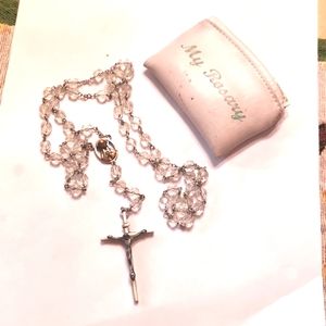 Vintage white clear beaded rosary and bag